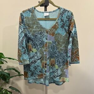 CMC Color Me Cotton Blue Batik Print V-neck Button Front Top with 3/4 Sleeves